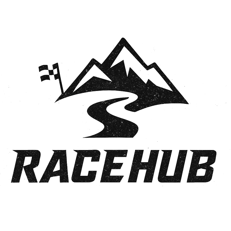 race hub logo, mountaing and finish flag